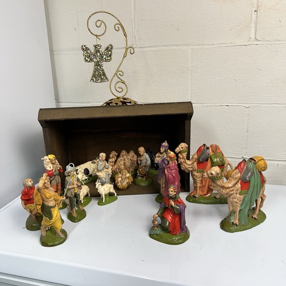 Vtg‎ 1970s Holland Mold Nativity Set 20-Piece w/ Stable Manger Hand Painted